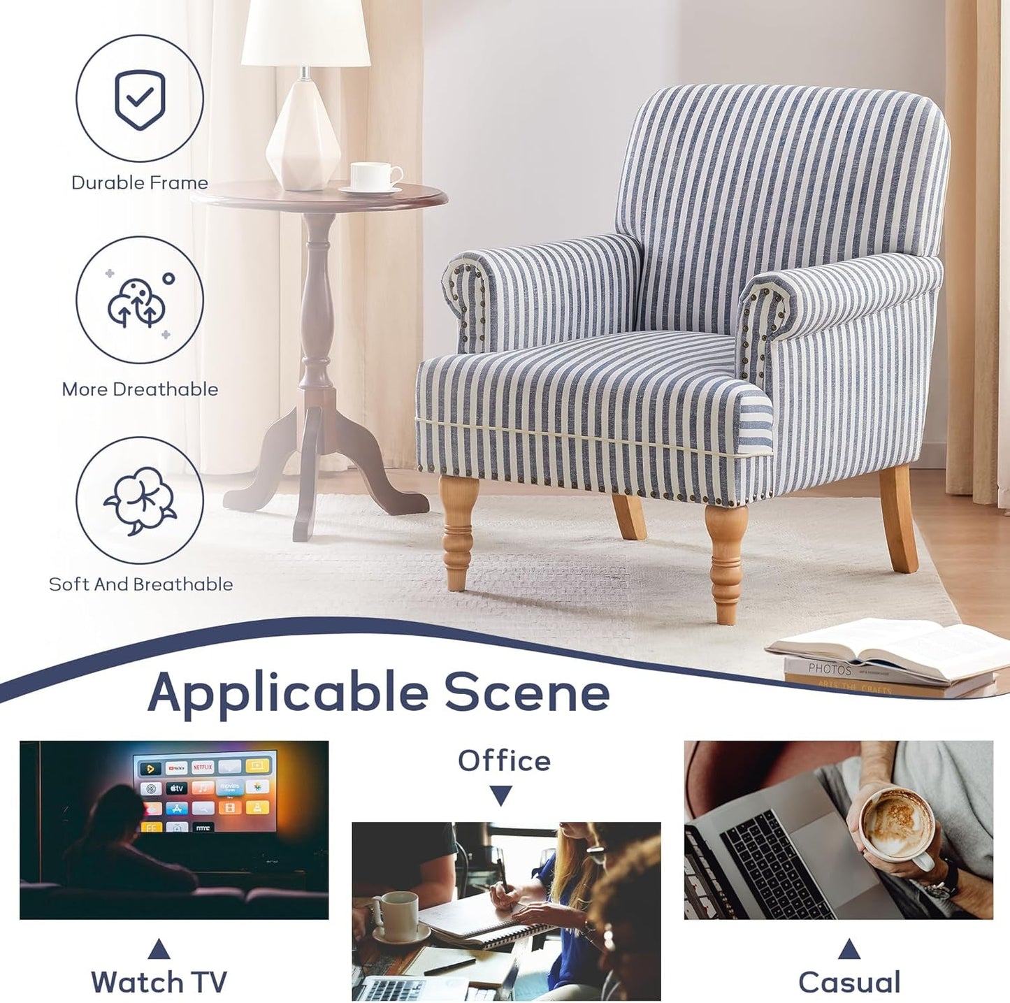 Linen Fabric Accent Chair, Mid-Century Modern Armchair with Solid Wood Legs, Single Sofa Chair,Upholstered Reading Club Chair (1, Dark Blue and White Stripe)
