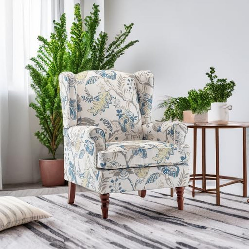 Floral Accent Chair, High Back Upholstered Armchair with Solid Legs, Leisure Single Sofa Chair for Living Room, Bedroom, Home Office, Blue Floral