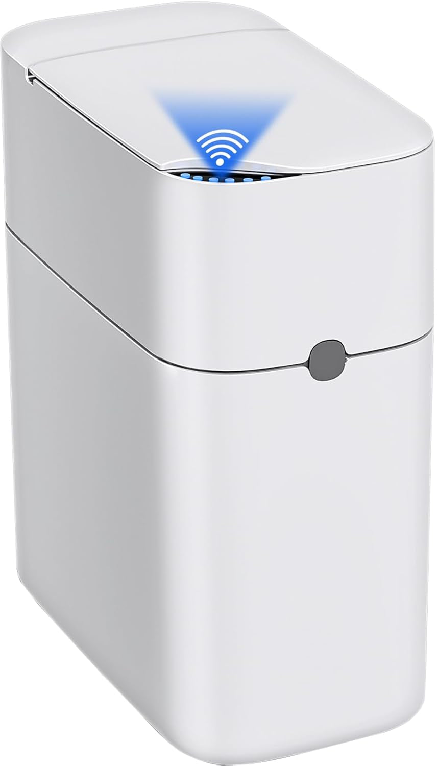 Touchless Automatic Bathroom Trash Can with Lid - 3 Gallon Slim Motion Sensor Garbage Can for Bedroom, Kitchen, Office - White (6" W X 11" L X 13" H)