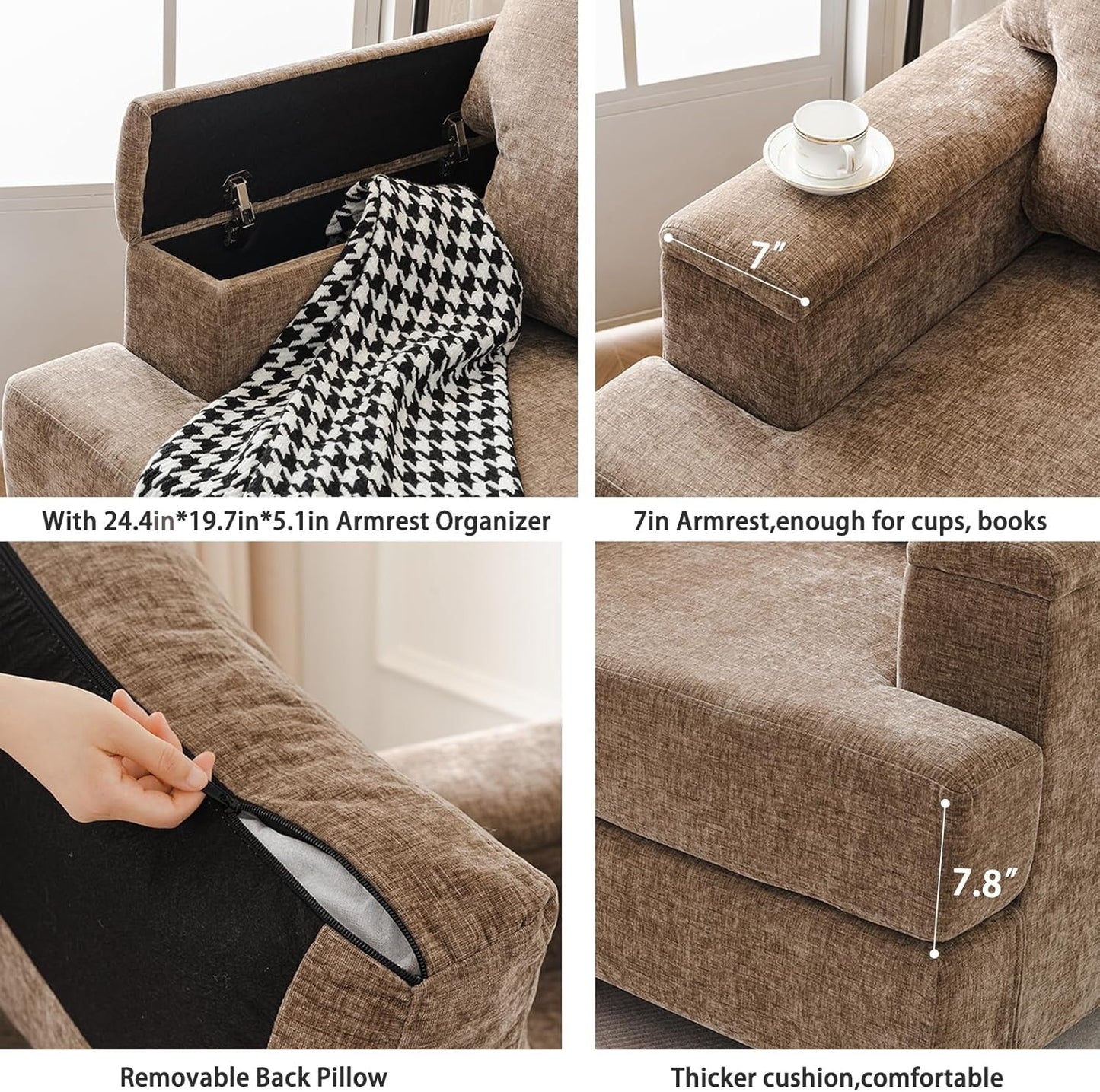 Oversized Accent Chair with Armrest Organizer,Comfy Living Room Chairs with 7.8'' Cushion,Upholstered Mid-Century Armchair,Large Reading Chair for Bedroom Living Room,Office,Chenille,Brown