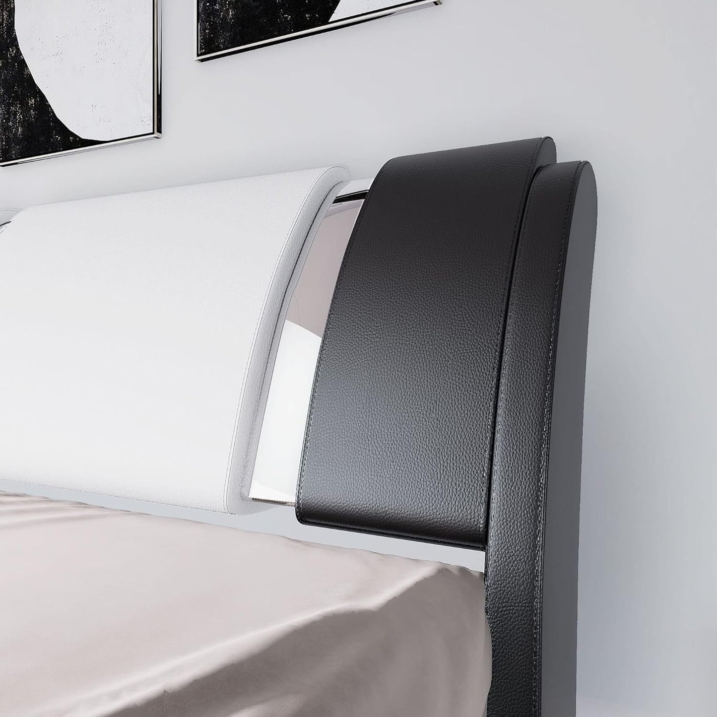 Queen Bed Frame with Iron Piece Decor, Faux Leather Upholstered Platform Bed with Adjustable Headboard & Strong Wooden Slats, No Box Spring Needed, Black and White