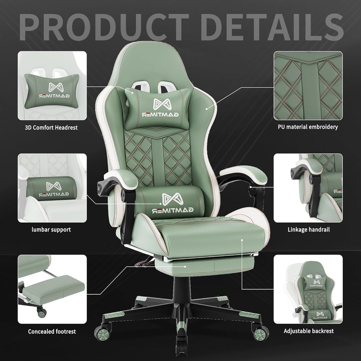Office Chair, 400 Lbs Adult Chair, High Back Computer Chair with Footrest and Linked Armrests, Office Video Game Chair with Lumbar Support (Green)
