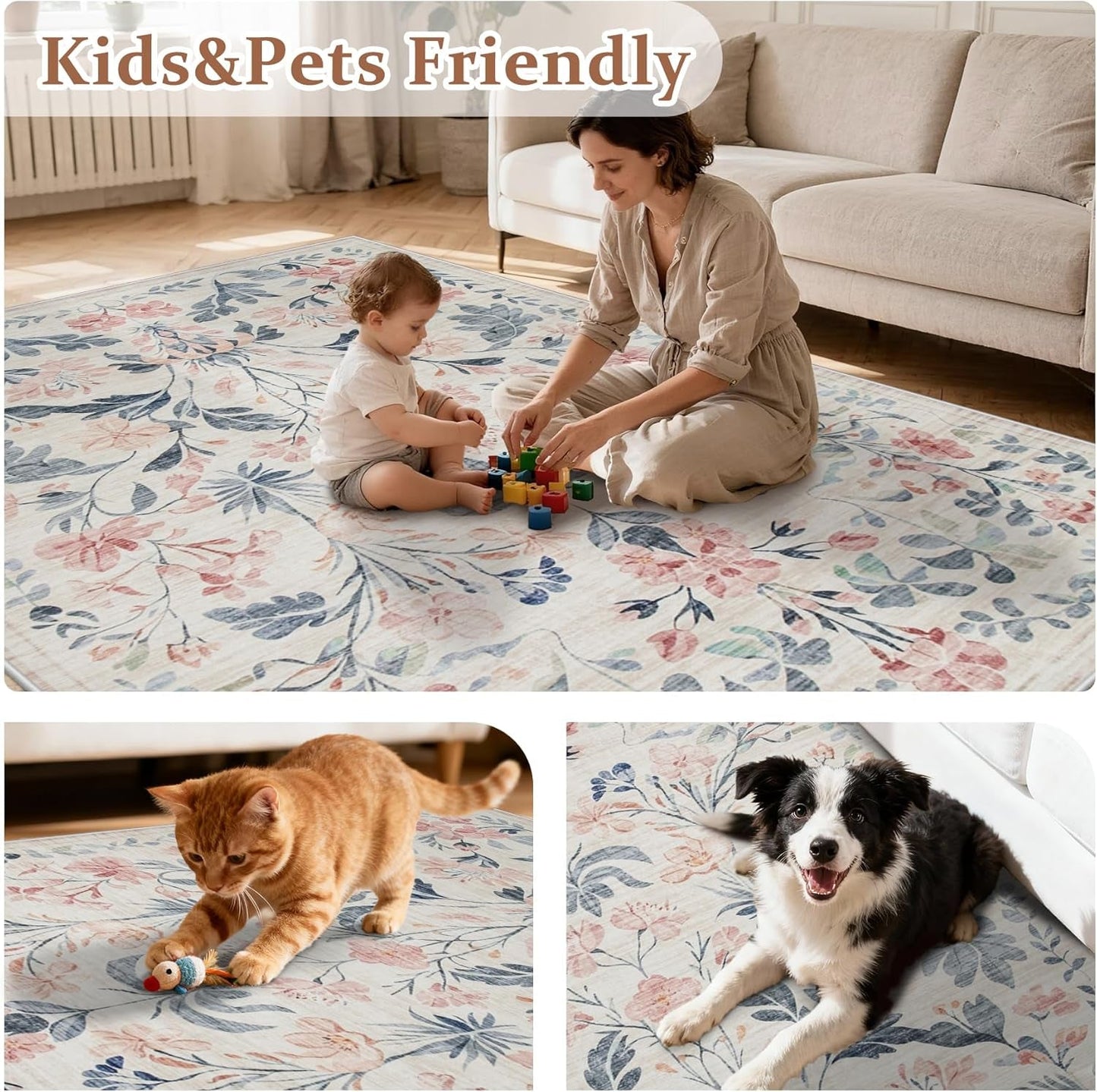 8X10 Area Rugs Washable Rug: Lagre Boho Living Room Rug Soft Non-Slip Thin Carpet Indoor Floor Non-Shedding Neutral Floral Carpets for Bedroom Dining Room Farmhouse Nursery Multi
