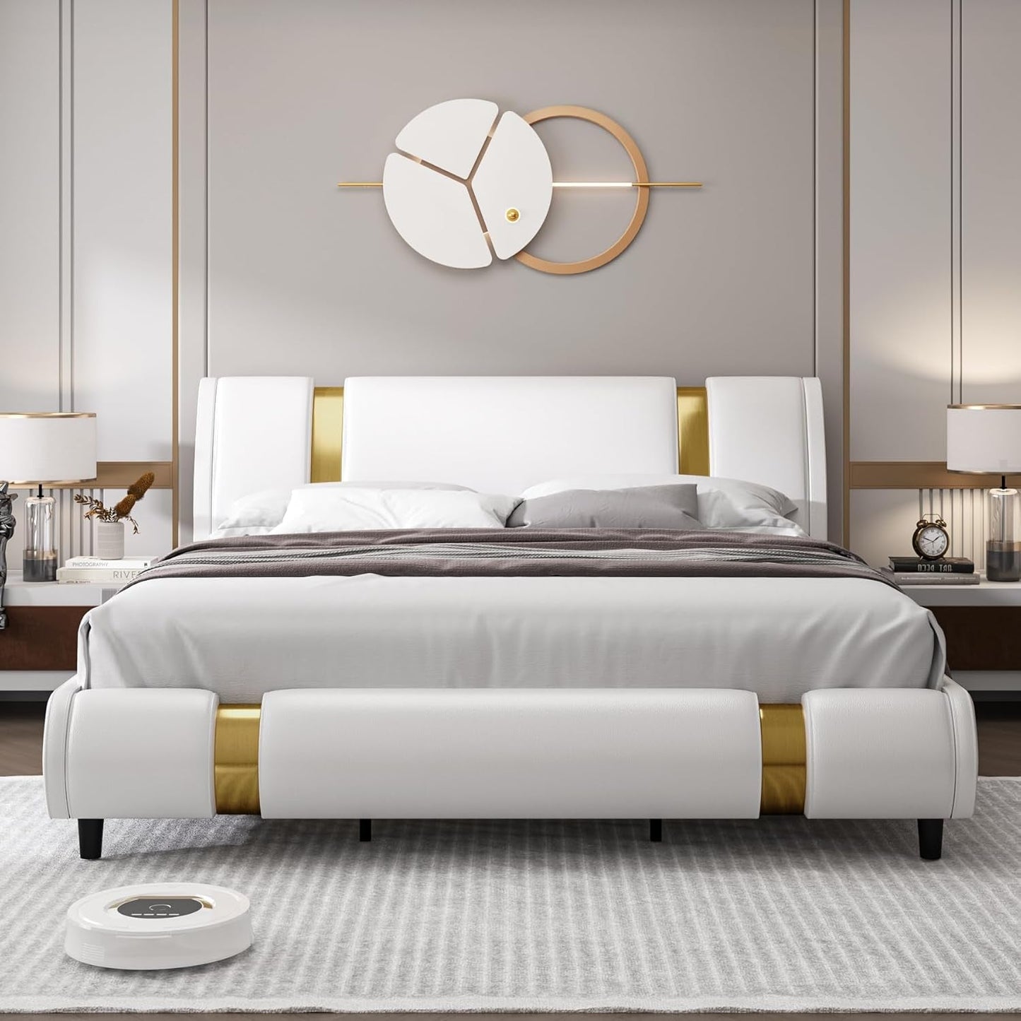 Modern Faux Leather Upholstered Platform Bed Frame with Golden Iron Metal Decor, Adjustable Curved Headboard, Wooden Slats Support, No Box Spring Needed, Queen Size, White