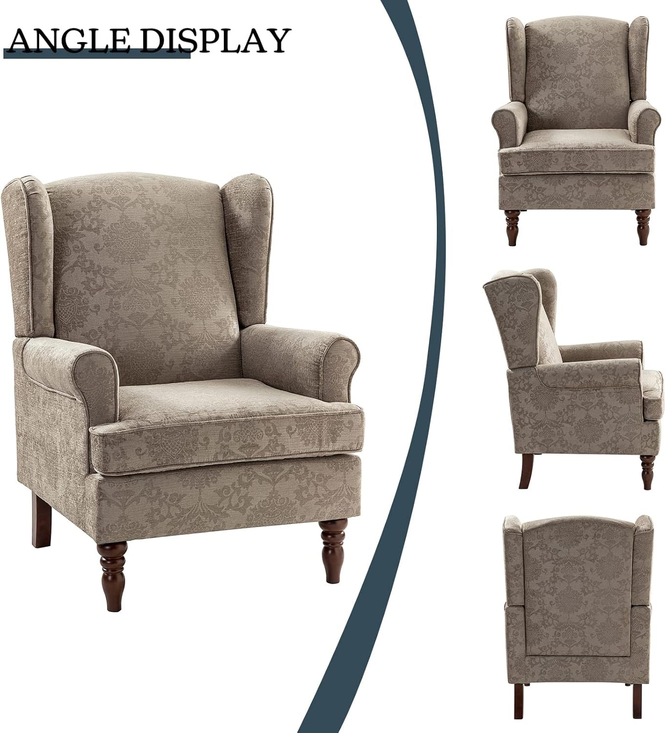 Wingback Accent Chair with Retro Wood Legs, Traditional Fabric Armchair for Living Room Bedroom, Comfy Upholstered Single Sofa Chair Reading Chair with Unique Pattern Design, Brocade