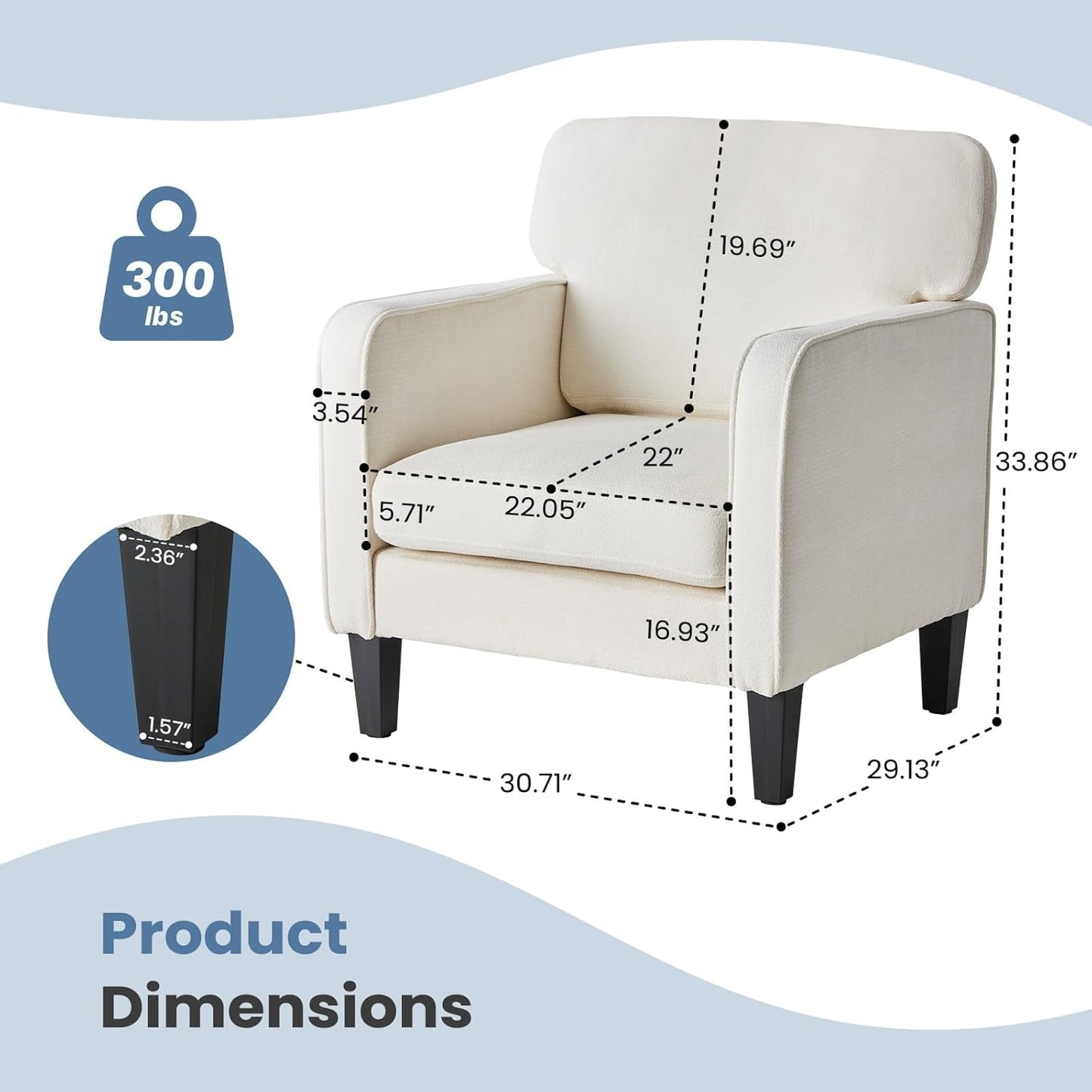 Modern Accent Chairs for Living Room, Corner Chairs for Adults, Reading Chair with Armrest and Backrest, Comfy Lounge Chairs for Bedroom, Waiting Room and Reception Room, Cream