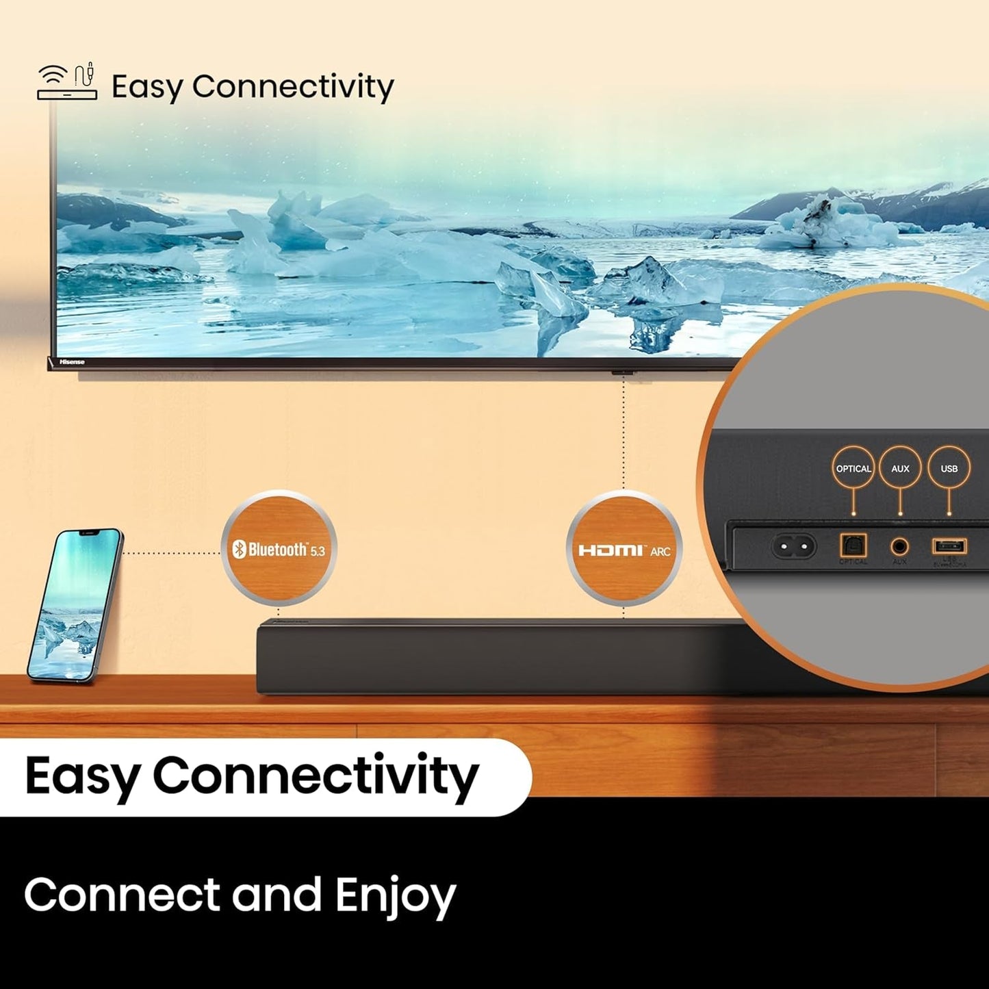 HS5100 5.1Ch Sound Bar with Wireless Subwoofer, 540W, Dolby Digital Plus, Bluetooth 5.3, Ezplay, Roku TV Ready, DTS: X, Hdmi/Aux/Arc/Optical/Usb (HS5100, 2024 Model)