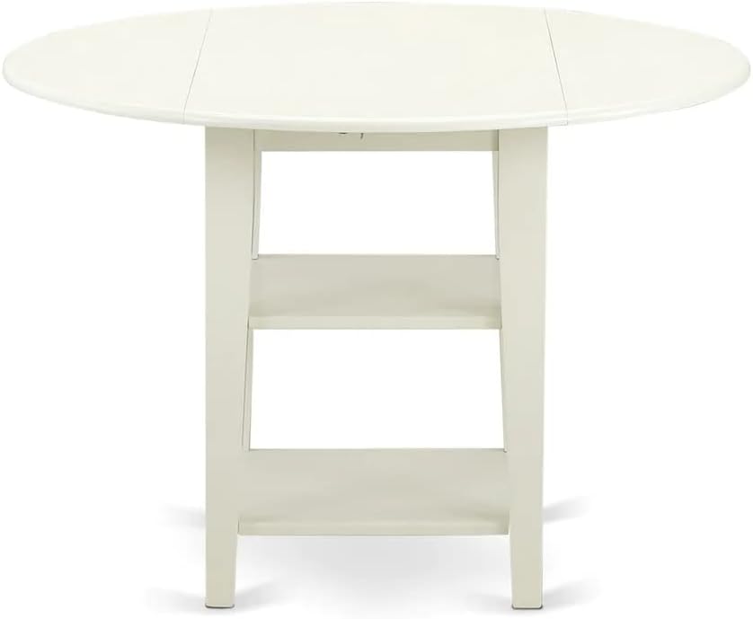 East West Furniture SUDA5-LWH-W 5 Piece Dining Room Furniture Set Includes a Round Kitchen Table with Dropleaf & Shelves and 4 Dining Chairs, 42x42 Inch, Linen White