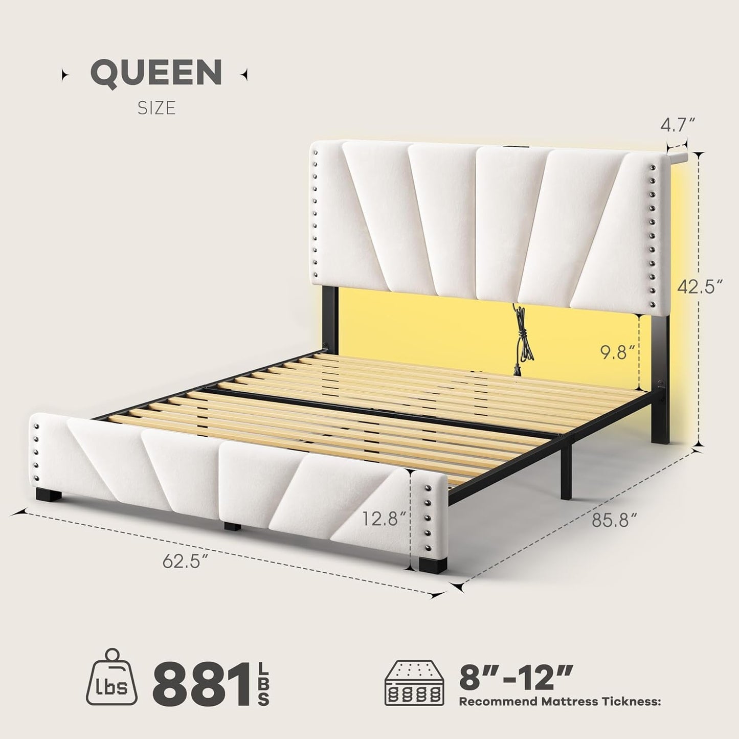 Queen Bed Frame, Velvet Bed Frame with Headboard and Led Light, Platform Bed Frame for Bedroom Apartment, Dorm, Noise-Free, Easy Assembly, Beige