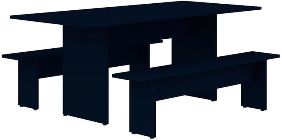 Manhattan Comfort Nomad 3 Piece Dining Set for 6 with Modern Kitchen Table and 2 Benches, Farmhouse Furniture with Rustic Wood Grain Finish, Pedestal Base, Easy Assembly, Midnight Blue
