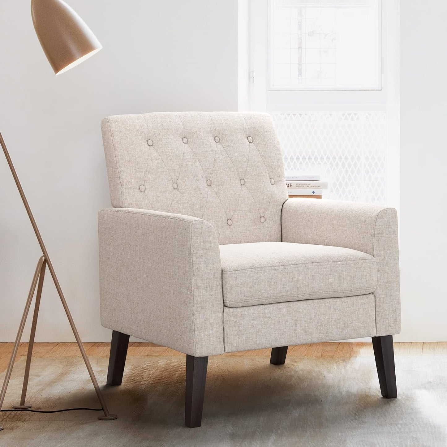 Linen Color Linen Accent Chair 18.5" H, Button Tufted Upholstered Modern Armchair, Comfy Living Room Chair with Arms, Arm Chairs for Living Room, Bedroom, Small Space