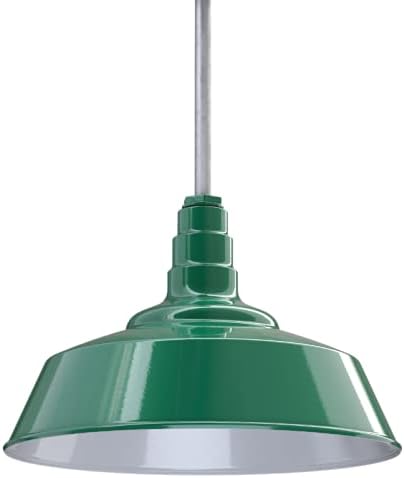 Steel Lighting Co. Manhattan Warehouse Light | Ceiling Mounted Pendant | 20 inch Dome | 12 inch Sloped Stem | Large Steel Barn Light Made in America | Green Exterior/White Interior
