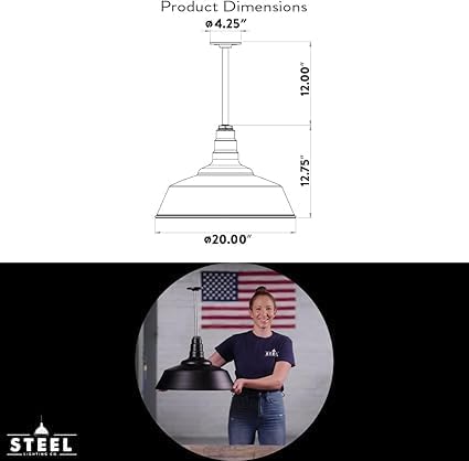 Steel Lighting Co. Manhattan Warehouse Light | Ceiling Mounted Pendant | 20 inch Dome | Flush Mount | Large Steel Barn Light Made in America | Navy Blue Exterior/Brass Interior