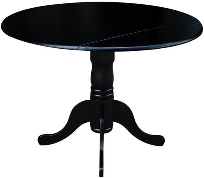 IC International Concepts, 42" Round Dual Drop Leaf Pedestal Dining Table, Solid Wood, Real Parawood, 42" W x 42" D x 29.5" H, Easy Assembly, Black