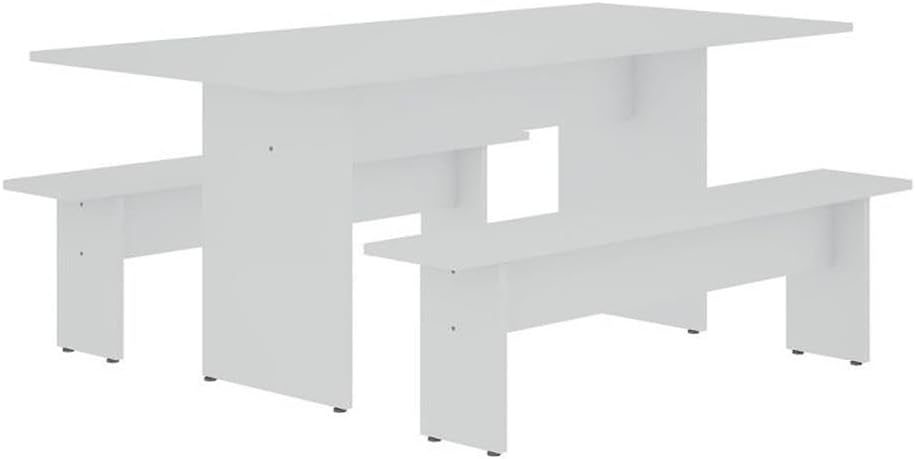 Manhattan Comfort Nomad 3 Piece Dining Set for 6 with Modern Kitchen Table and 2 Benches, Farmhouse Furniture with Rustic Wood Grain Finish, Pedestal Base, Easy Assembly, White