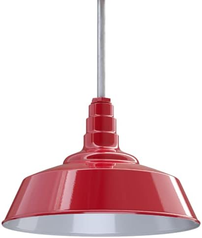 Steel Lighting Co. Manhattan Warehouse Light | Ceiling Mounted Pendant | 20 inch Dome | 12 inch Sloped Stem | Large Steel Barn Light Made in America | Red Exterior/White Interior