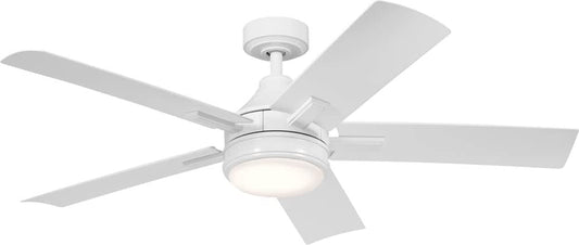 Kichler 52 Inch Tide 5 Blade LED Weather+ Outdoor Ceiling Fan with Etched Cased Opal Glass in White with White Blades and Remote Control