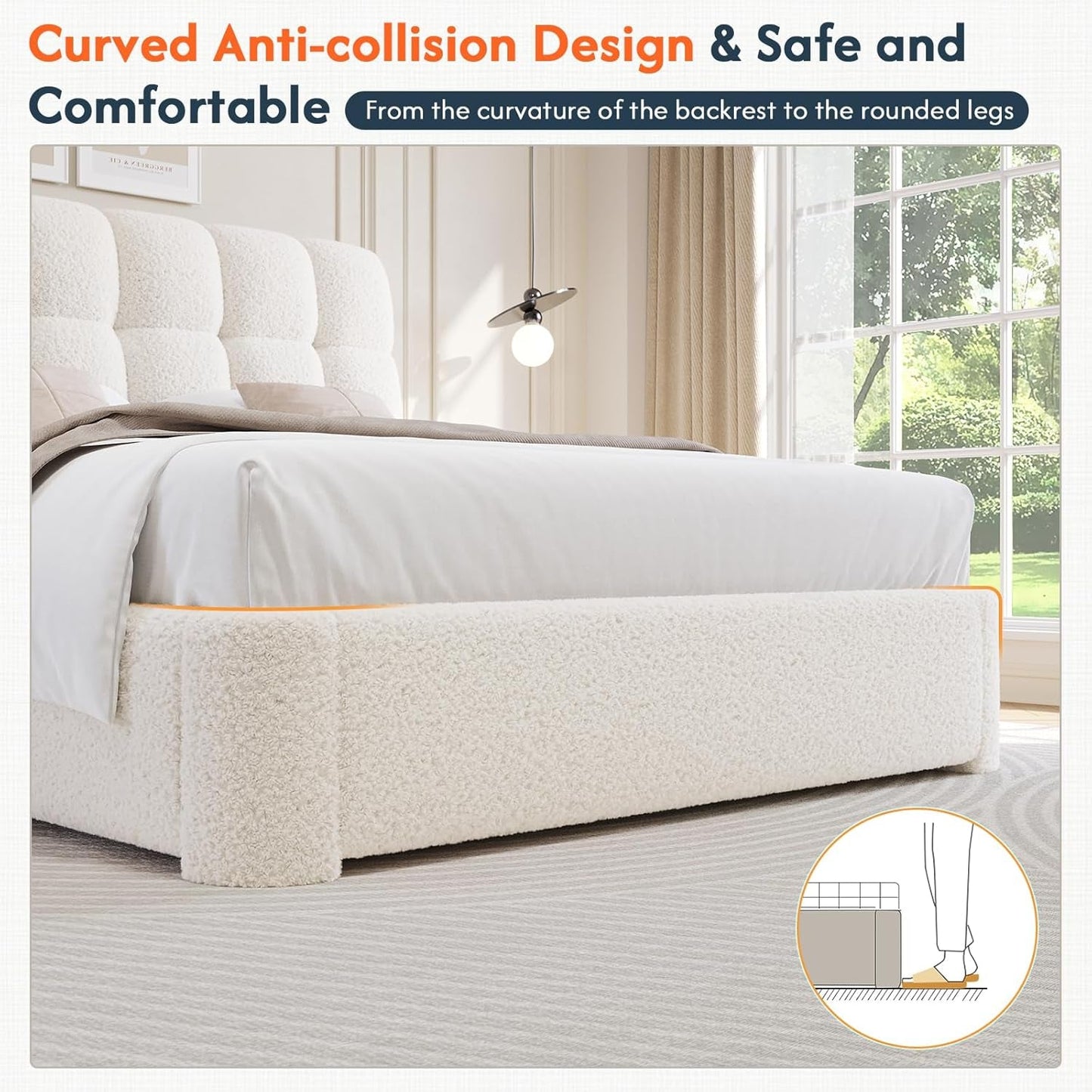 Boucle Full Size Bed Frame with Headboard, Modern Upholstered Platform Bed Frame Full with Rounded Corners, Soft Cloud Beds, Wood Slats Support, No Box Spring Needed, Easy Assembly, Cream