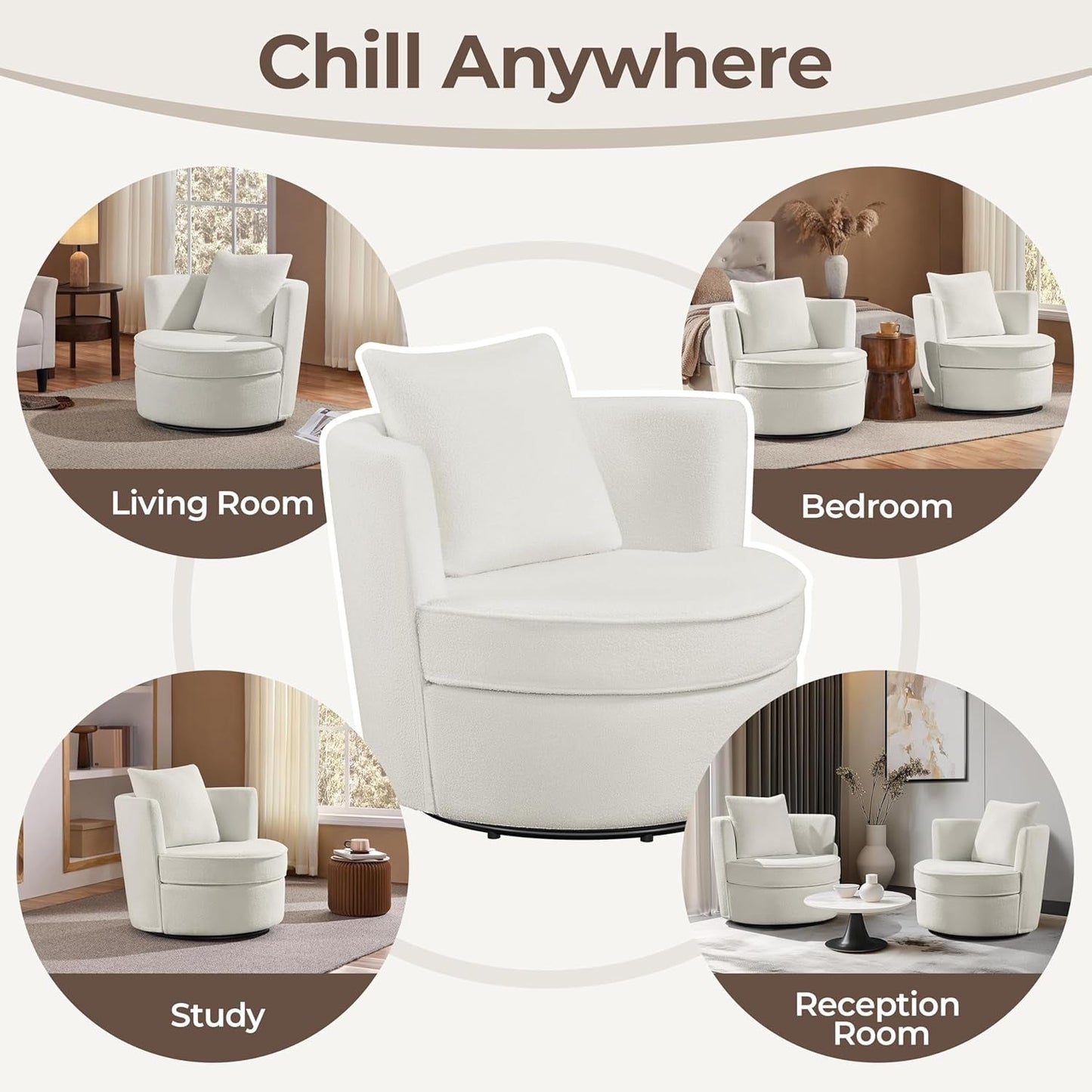Swivel Barrel Accent Chair, 360 Degree Swivel round Chairs with Removable Throw Pillow, Soft Boucle Single Arm Sofa for Living Room Bedroom Reading, White
