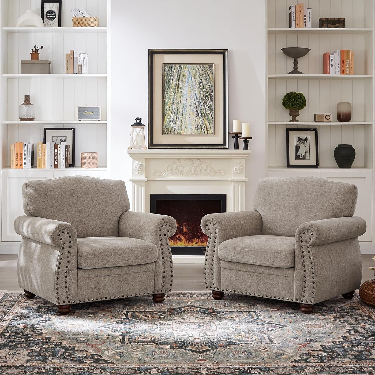 Nailhead Trim Armchair, Rolled Arm Accent Chair for Living Room, Comfy Chenille Club Sofa Chair W/Springs Cushions & Wood Legs, Traditional Single Couch Chair for Apartment, Farmhouse, Beige