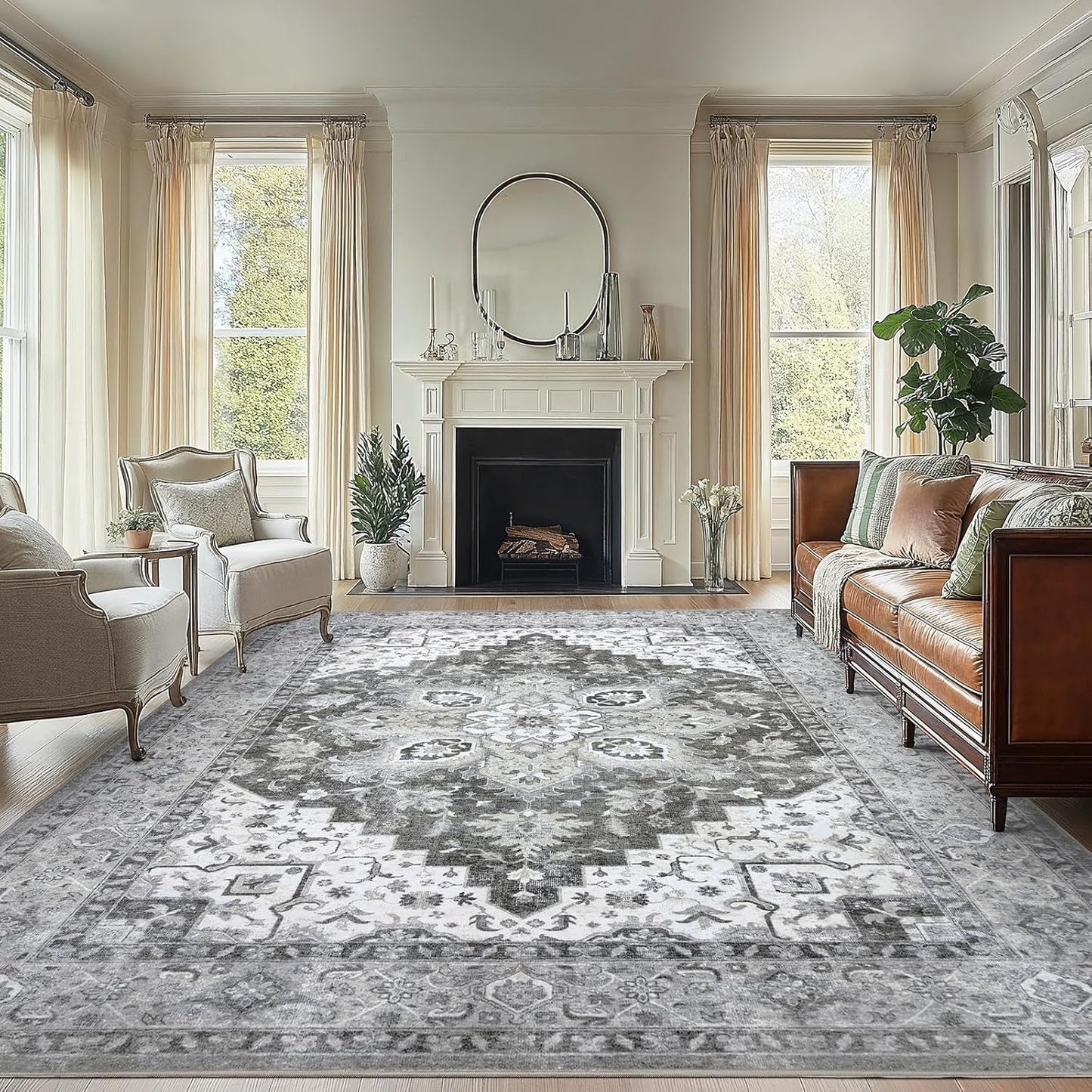 8X10 Area Rugs, Low-Profile Large Washable Area Rug with Non-Slip Backing & Durable Edge Binding, Vintage Rugs for Living Room, Bedroom, Dinning Room