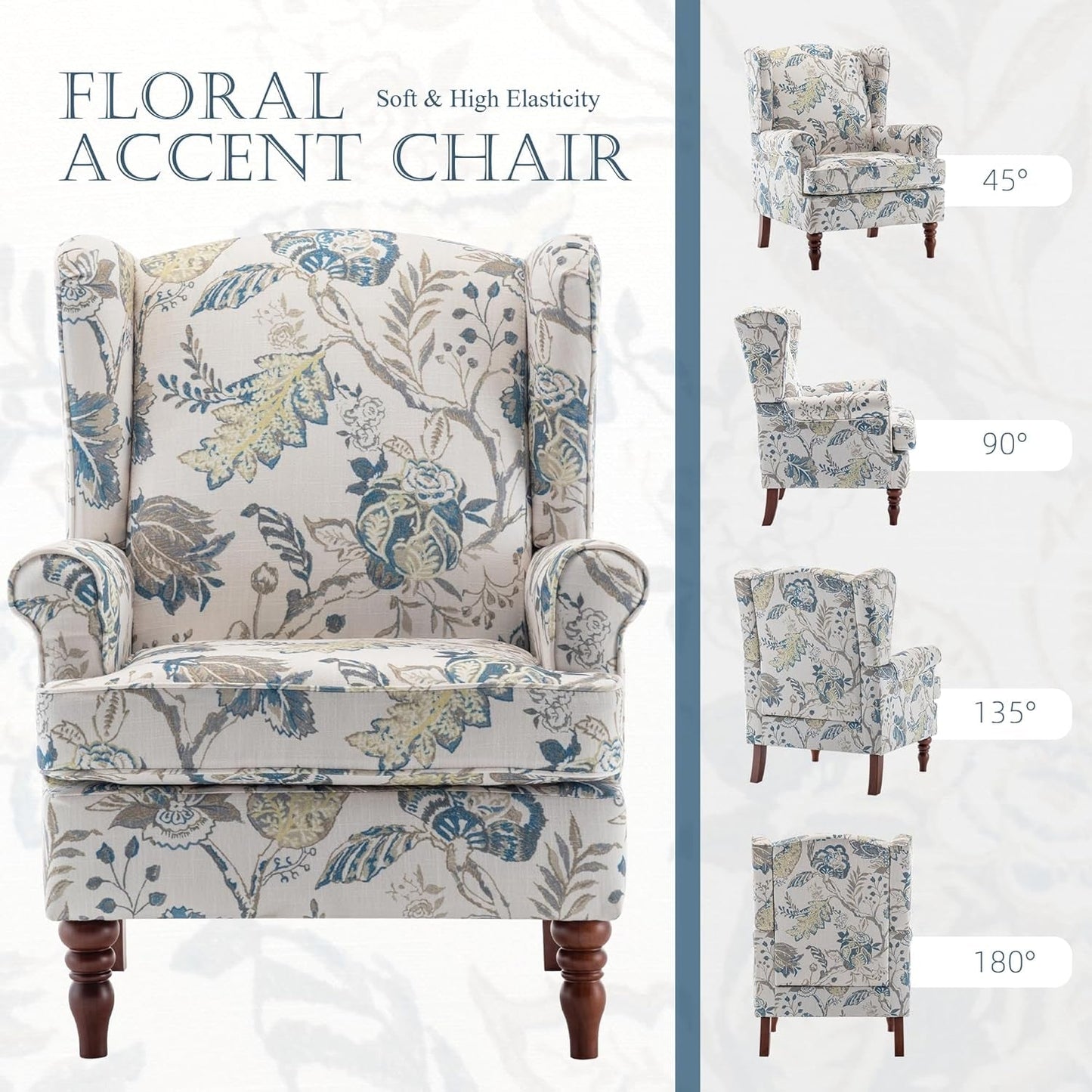 Floral Accent Chair, High Back Upholstered Armchair with Solid Legs, Leisure Single Sofa Chair for Living Room, Bedroom, Home Office, Blue Floral