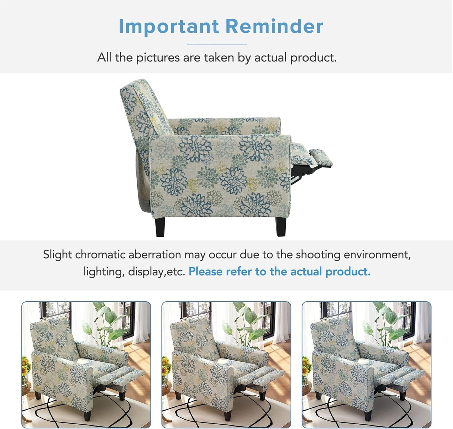 Kenley Modern Fabric Upholstered Push Back Recliner Chair, Wooden Gliding Home Theater Seating, Comfy Reading Chair, Deep Seating Single Sofa Accent Chair, Mixed Blue