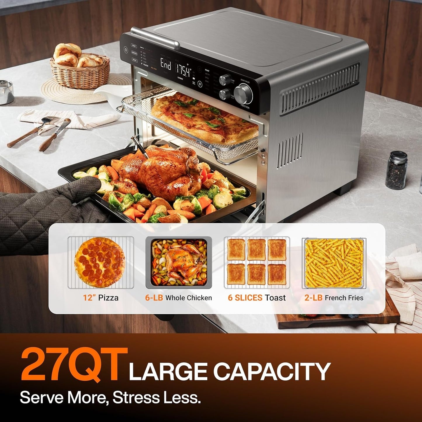 Sync Oven with Smart Wireless Meat Thermometer Probe, 12‑In‑1 Countertop Air Fryer Toaster Oven Combo, 360° Turbo Convection, Dehydrator, Recipes & 5 Accessories, Large 27QT, Stainless Steel