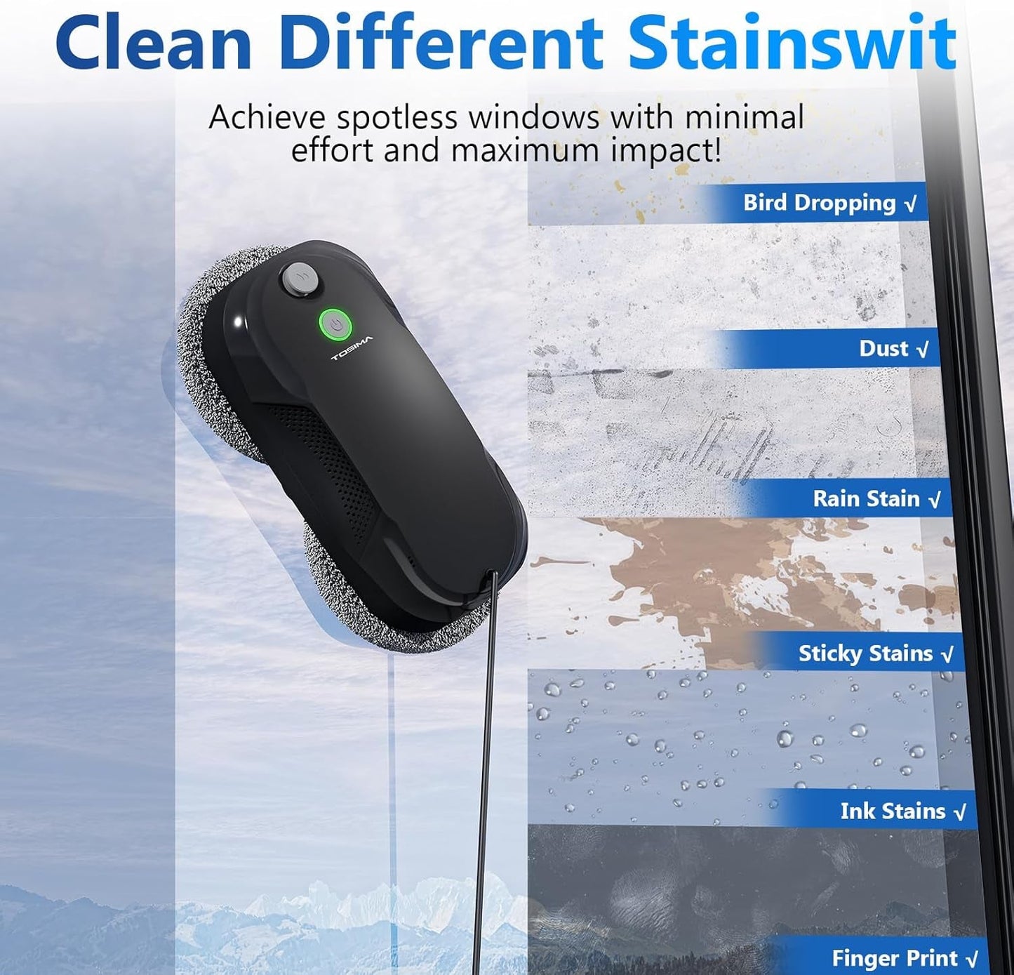 W5 Window Cleaning Robot, Dual Direction Auto-Spray Smart Window Cleaner with Triple Safety System, Smart Navigation, Remote Control, for All Smooth Surfaces, with 8 Rags, Black