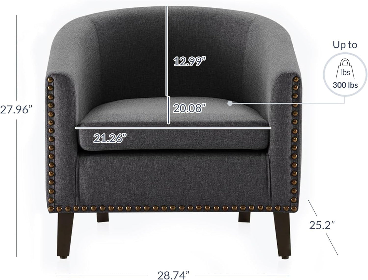 Accent Barrel Chair, Modern Tub Club Chair Upholstered Armchair with Gold Nail Head Trim and Black Legs for Living Room Bedroom Apartment Lounge - Gray/Linen