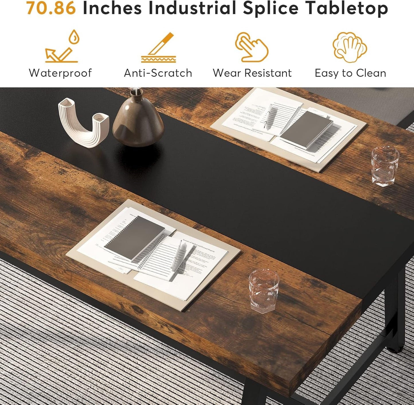 Dining Table for 8 People, 70.87-Inch Rectangular Wood Kitchen Table with Strong Metal Frame, Industrial Large Long Dining Room Table for Big Family (Rustic Brown)