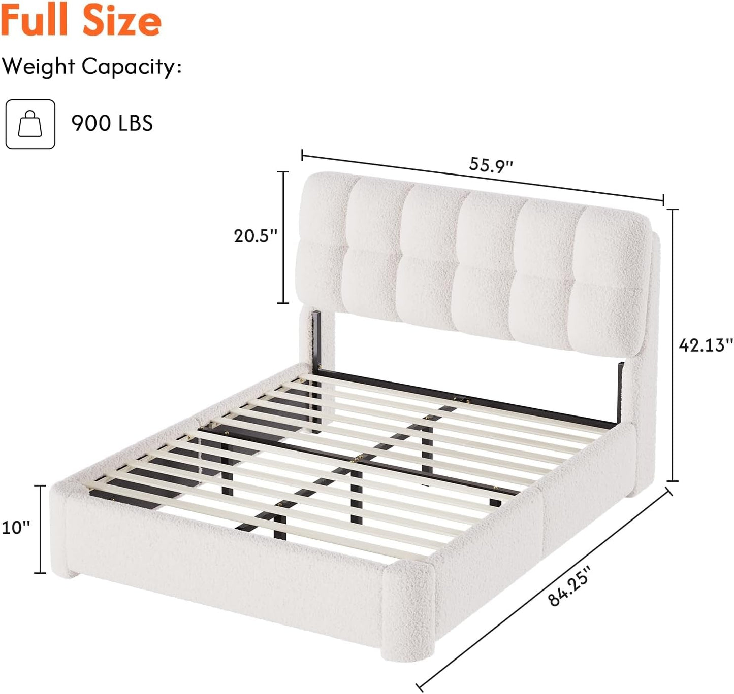 Boucle Full Size Bed Frame with Headboard, Modern Upholstered Platform Bed Frame Full with Rounded Corners, Soft Cloud Beds, Wood Slats Support, No Box Spring Needed, Easy Assembly, Cream