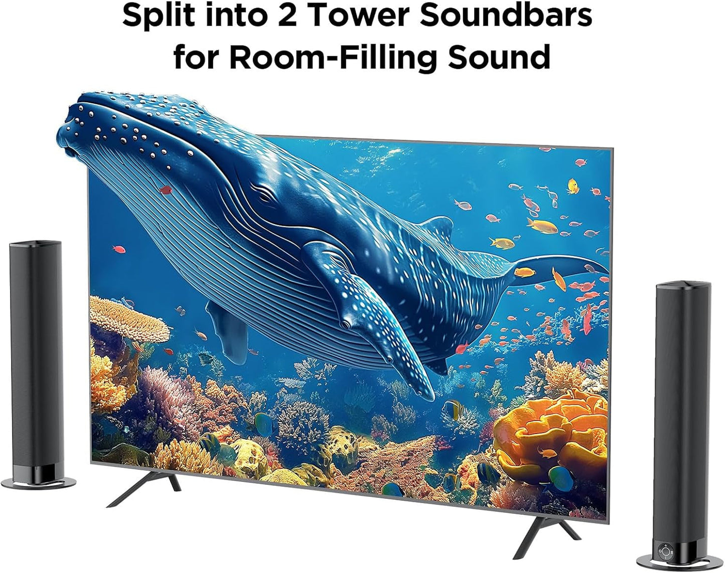 Sound Bar for Smart TV, 80W Soundbar with Bluetooth/Arc/Opt/Aux Connect, Dynamic Volume Boost, 3 Equalizer Modes, 2 in 1 Detachable Soundbar for Tv/Pc/Gaming/Projectors