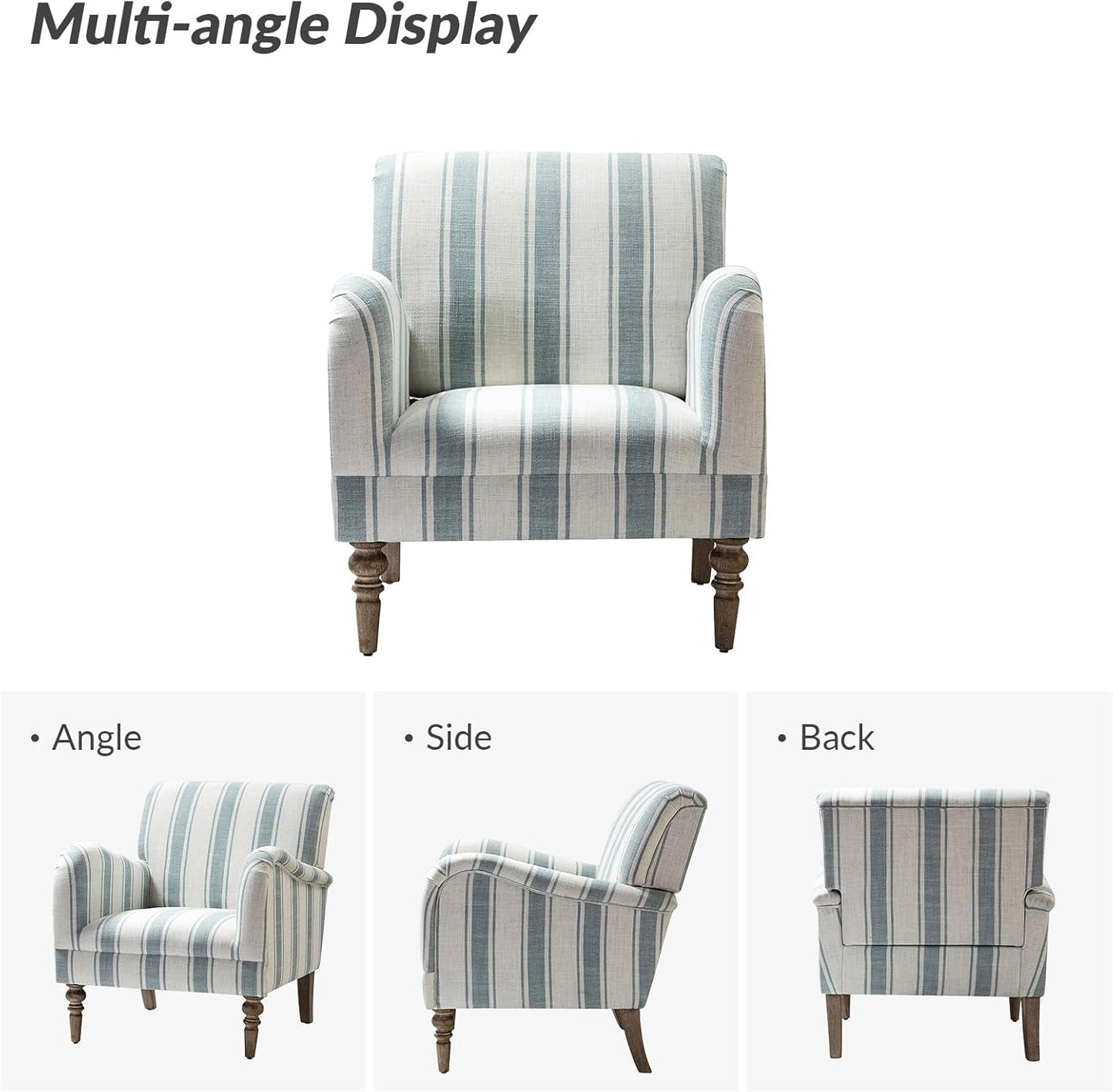Modern Accent Chair with Arms and Wooden Legs, Comfy Upholstered Armchair for Living Room, Bedroom (Stripe Pattern, Blue)