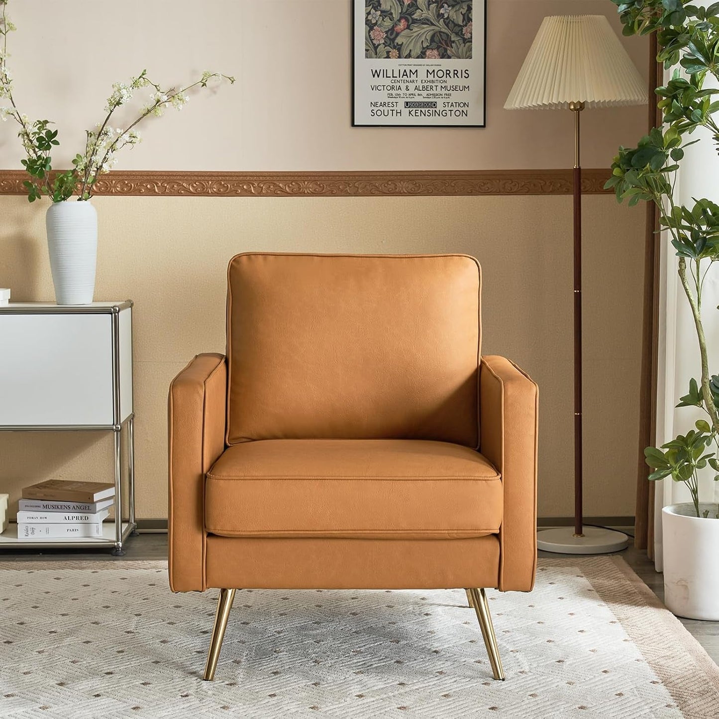 Living Room Chairs Set of 2, Brown PU Leather Accent Chair Mid Century Modern Upholstered Sofa Chairs with Arms, Gold Legs for Living Room, Bedroom, Apartment