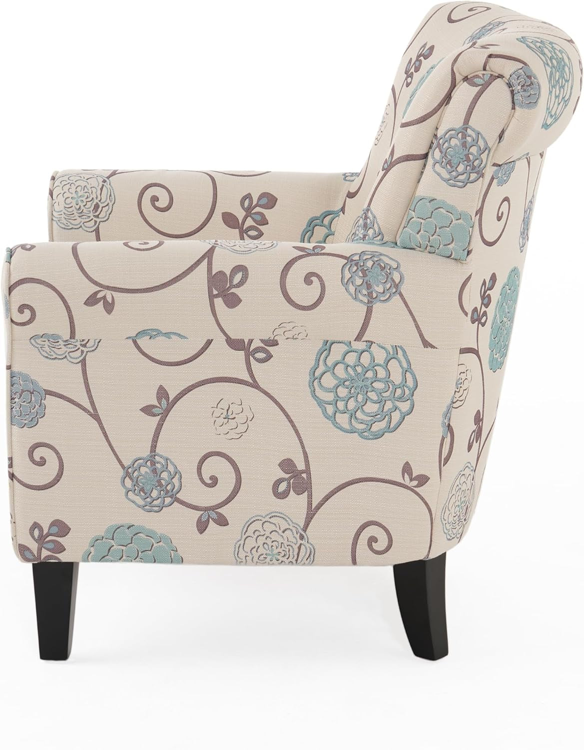 Isla Blue Floral Club Chair with Rolled Arms, Upholstered Accent Chair with Tapered Birch Wood Legs and Tonal Piping for Living Room, Bedroom, Beige+Blue