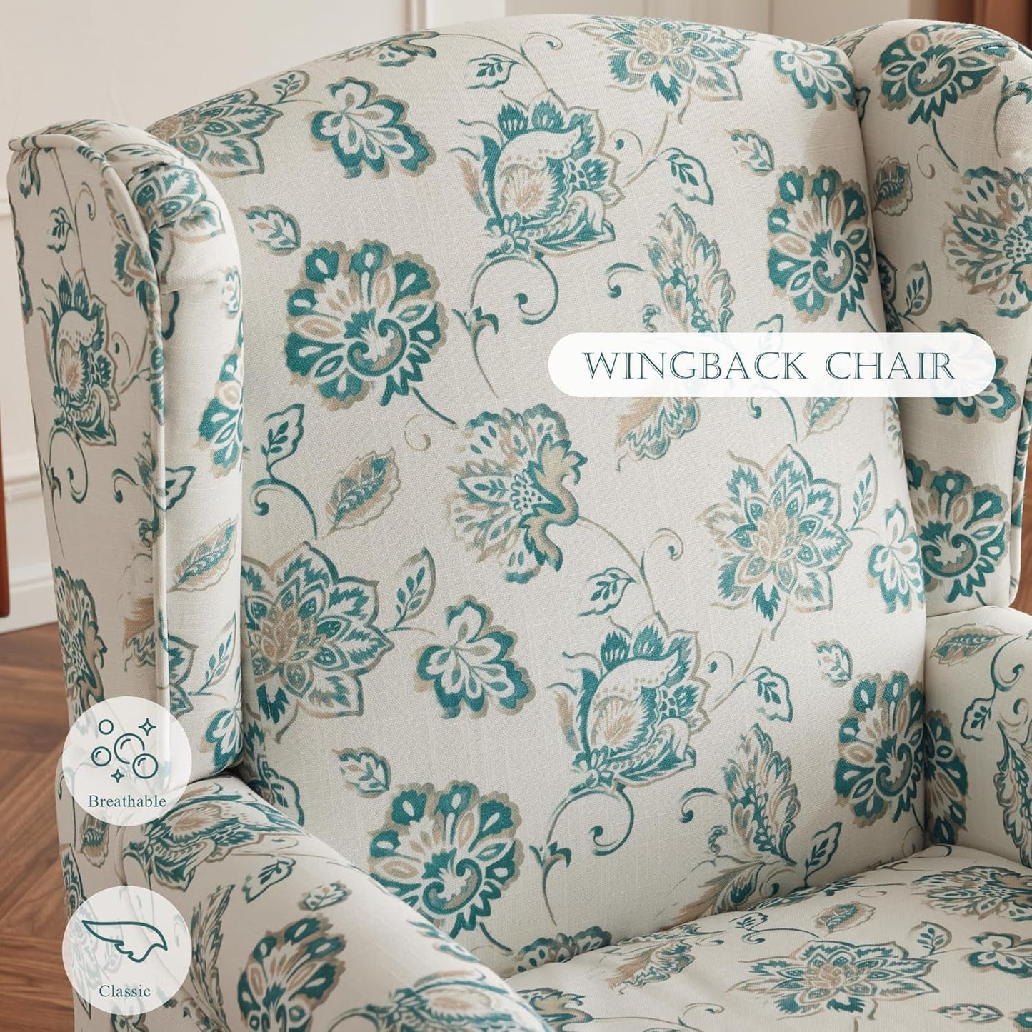 Floral Accent Chair, High Back Upholstered Armchair with Solid Legs, Leisure Single Sofa Chair for Living Room, Bedroom, Home Office, Light Cyan Floral