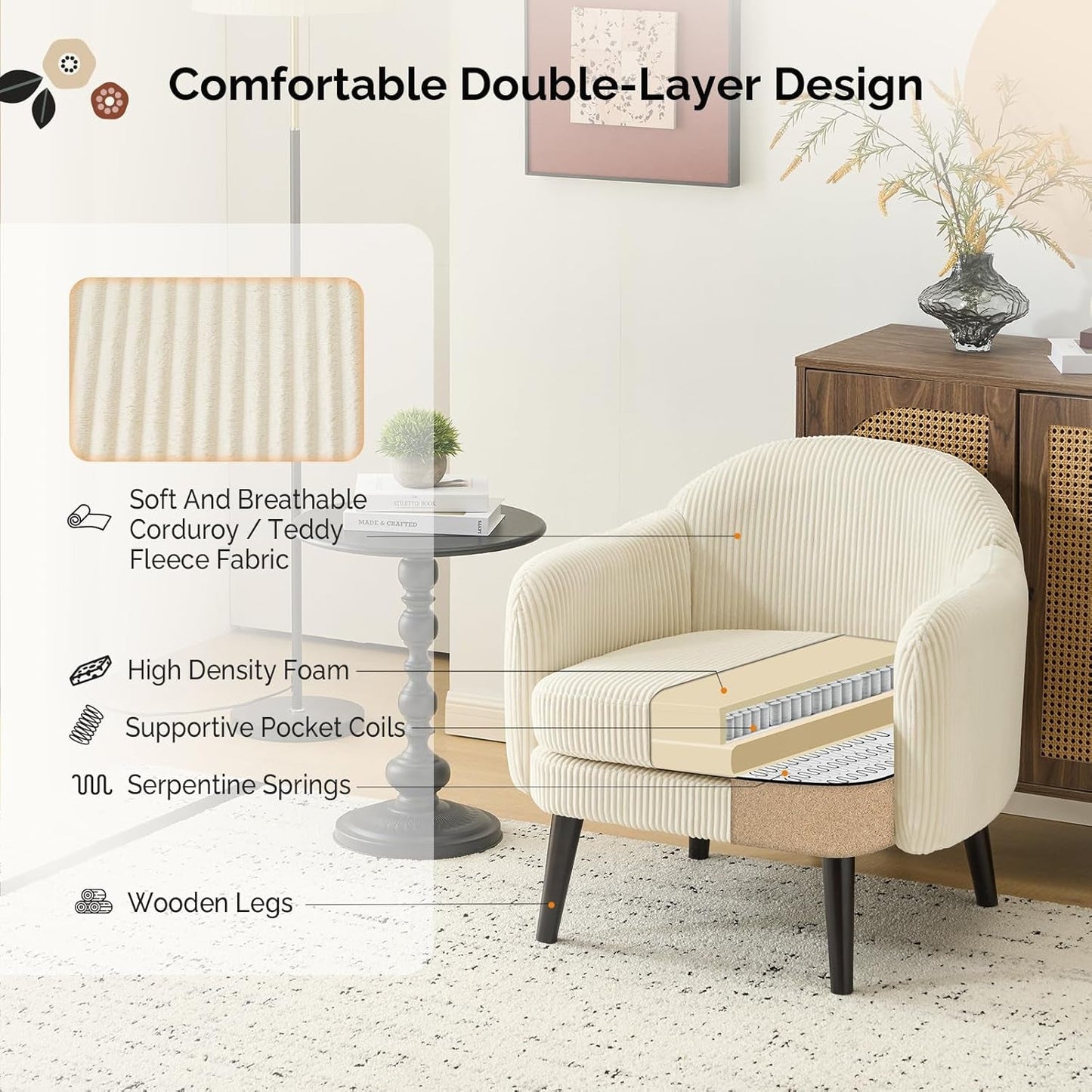 30.3" Wide Modern Barrel Accent Armchairs Set of 2 with Track Armrest, Solid Wooden Legs, Comfy Upholstered Club Chairs, Single Home Sofa for Living Room, Bedroom, Reading Room, Corduroy Beige