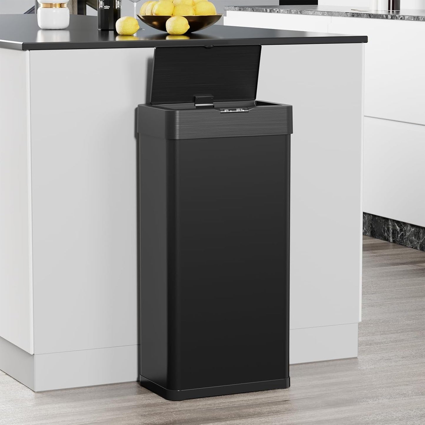 16 Gallon Motion Sensor Trash Can,Touchless Automatic Garbage Can,Brushed Stainless Steel Smart Bin,With Bag Holder,Soft Close Lid,For Kitchen,Office,Rv,Bedroom,Living Room (Black, 60L)