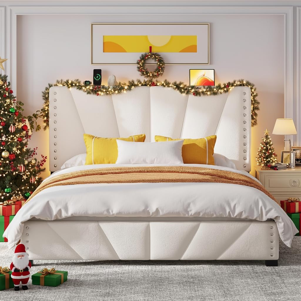Queen Bed Frame, Velvet Bed Frame with Headboard and Led Light, Platform Bed Frame for Bedroom Apartment, Dorm, Noise-Free, Easy Assembly, Beige