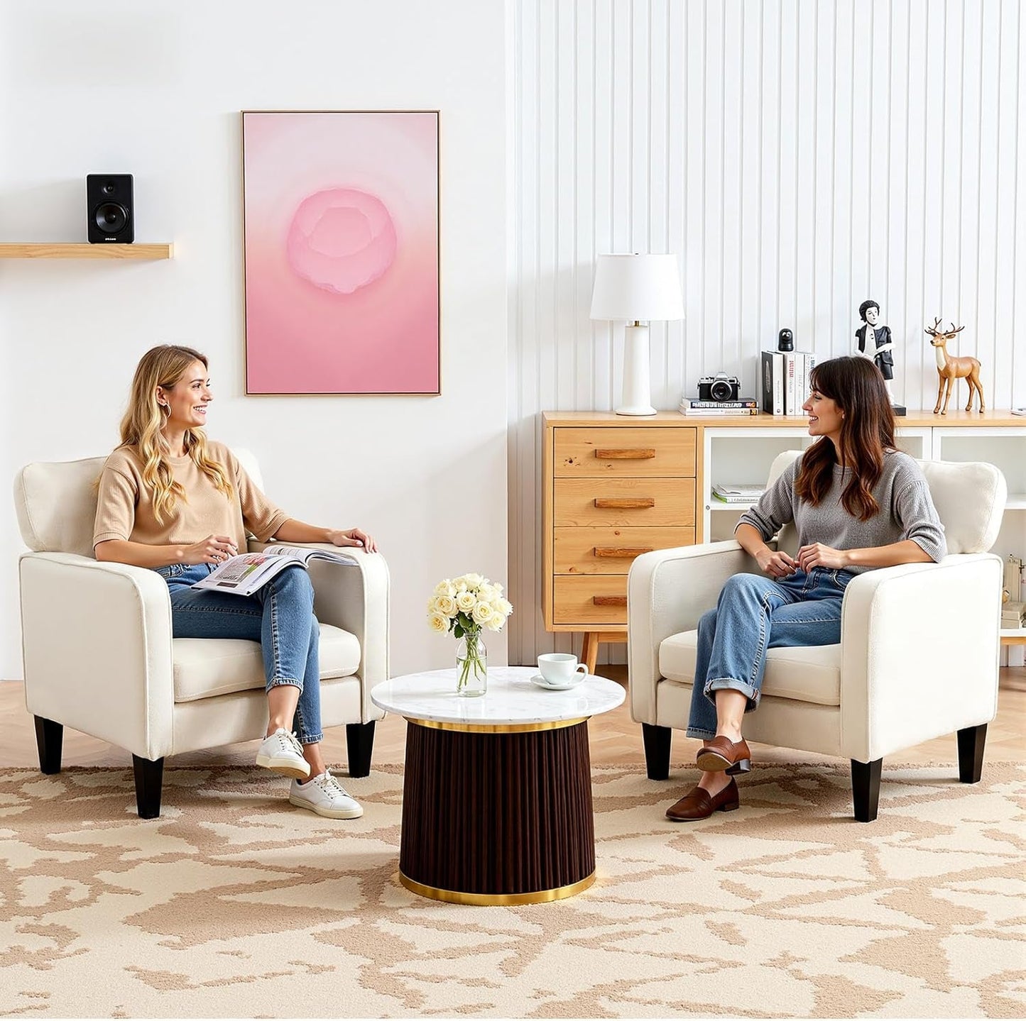 Modern Accent Chairs for Living Room, Corner Chairs for Adults, Reading Chair with Armrest and Backrest, Comfy Lounge Chairs for Bedroom, Waiting Room and Reception Room, Cream