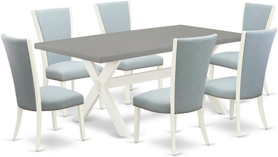 East West Furniture X097VE215-7 7 Piece Dining Table Set Consist of a Rectangle Dining Room Table with X-Legs and 6 Baby Blue Linen Fabric Upholstered Chairs, 40x72 Inch, Multi-Color