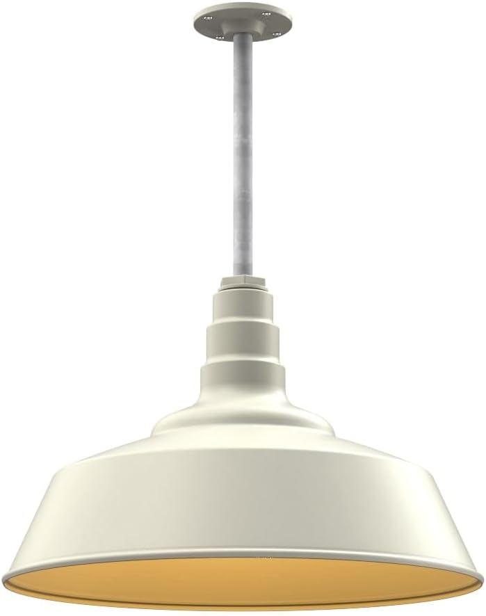 Steel Lighting Co. Manhattan Warehouse Light | Ceiling Mounted Pendant | 20 inch Dome | 12" Galvanized Stem | Large Steel Barn Light Made in America | Cream Exterior/Brass Interior