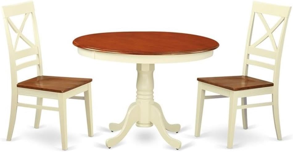 East West Furniture HLQU3-BMK-W 3 Piece Dining Room Table Set Contains a Round Kitchen Table with Pedestal and 2 Dining Chairs, 42x42 Inch, Buttermilk & Cherry