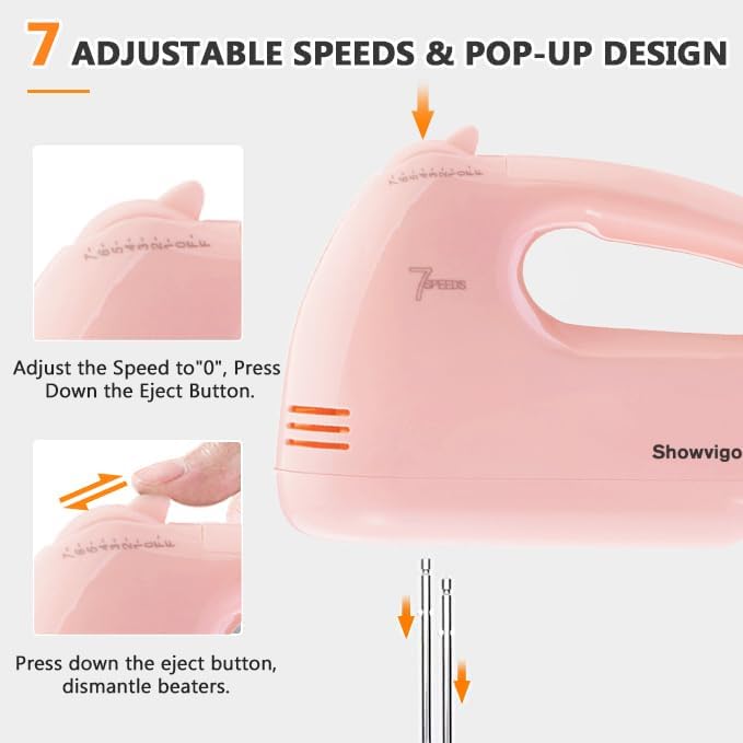 Handmixer Electric Handheld - 7 Speed Portable Kitchen Mixer Electric with 5 Stainless Steel Accessories Whisk, Food Beater for Whipping Mixing Cookies Cakes Eggs, Pink