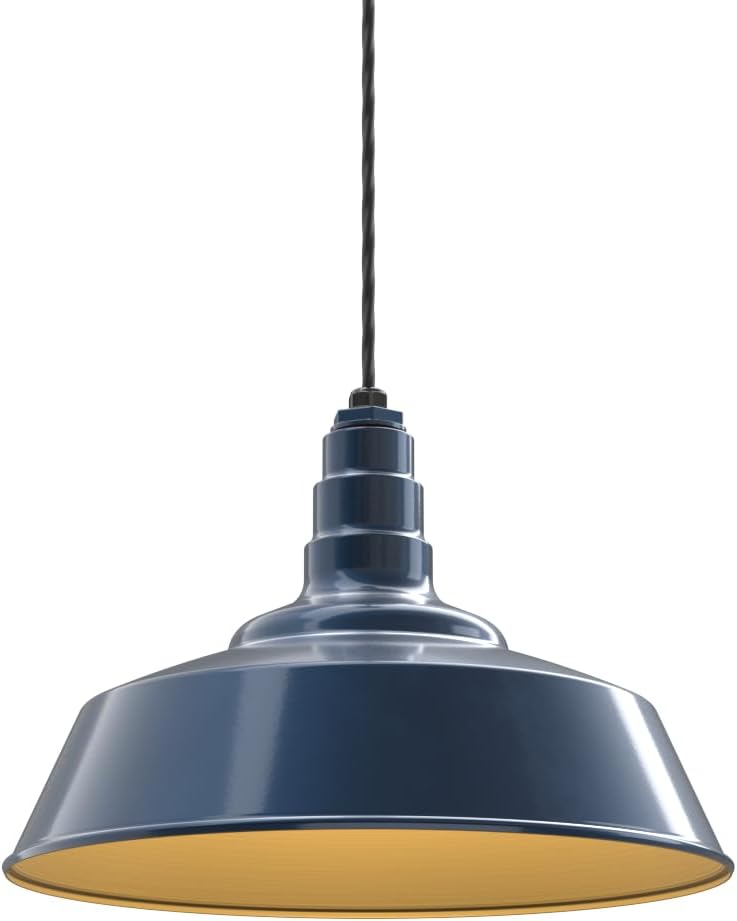 Steel Lighting Co. Manhattan Warehouse Light | Ceiling Mounted Pendant | 20 inch Dome | 4' Black Cord | Large Steel Barn Light Made in America | Gray Blue Exterior/Brass Interior