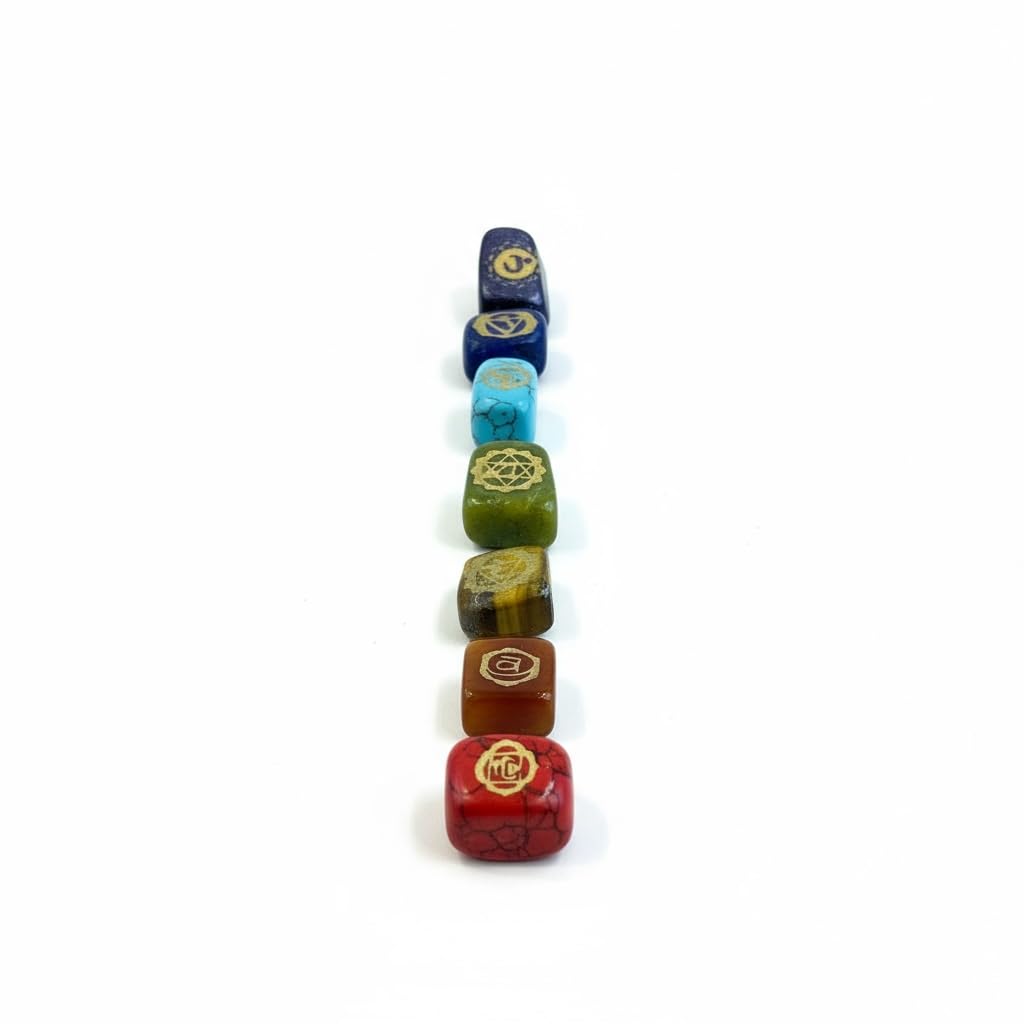 7 Chakra Engraved Crystal Healing Stones Set, Natural Gemstone Meditation Stones with Sacred Symbols, Multicolor Carved Quartz Crystals for Spiritual Balance (Square)
