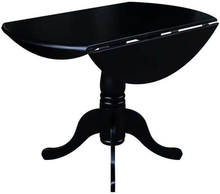 IC International Concepts, 42" Round Dual Drop Leaf Pedestal Dining Table, Solid Wood, Real Parawood, 42" W x 42" D x 29.5" H, Easy Assembly, Black
