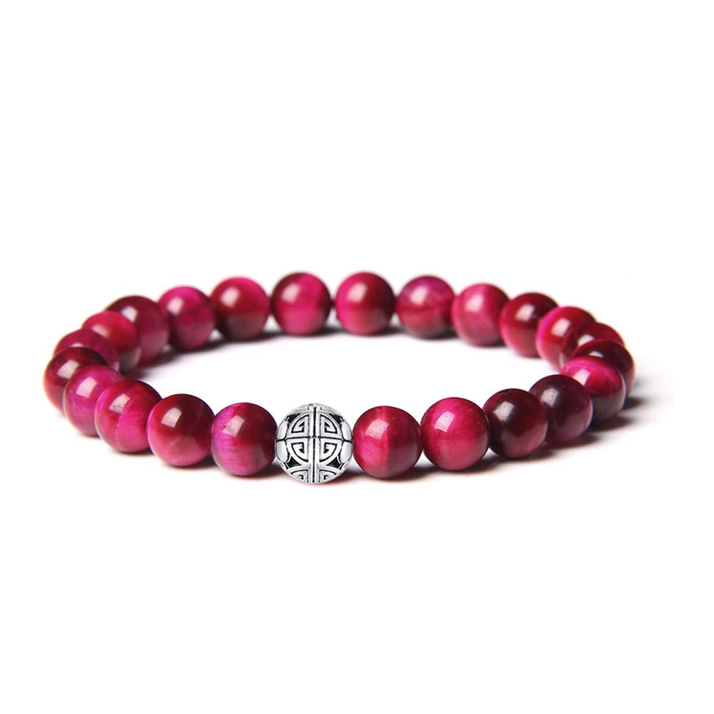 MetJakt Healing Crystals Beaded Bracelets for Womens Natural Gemstone 8mm Beads Stretch Bracelets with 925 Sterling Silver Double Happiness Pendant (Red Tiger Eye)