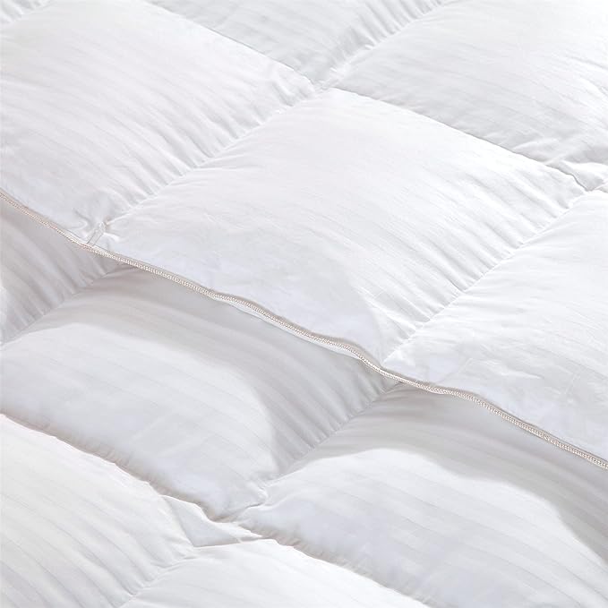 Luxurious All-Season Goose Down Feather Fiber Comforter Duvet Insert, Exquisite Palatial King White Stripe Design, 120" x 98 ", Premium Baffle Box, 100% Cotton Down Proof Fabric, 75 oz. Fill Weight